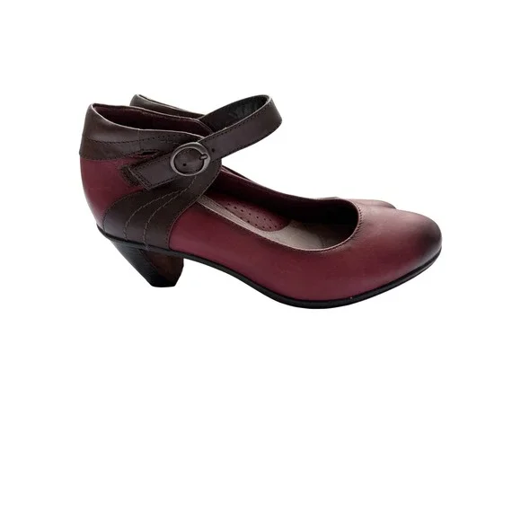 Earth Garnet Wine Leather Ankle Strap Mary Jane Pumps Heels Brown Accents 8B - Picture 2 of 7